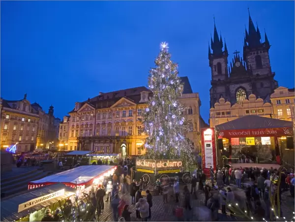 Old Town Square at Christmas time and Tyn Cathedral, Prague, Czech Republic, Europe