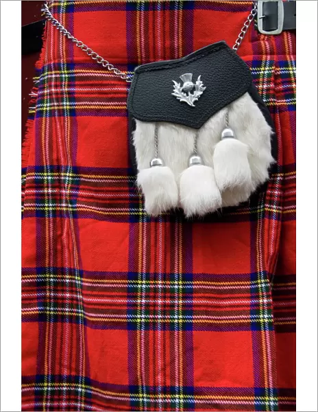 Scottish kilt and purse on display for sale, Edinburgh, Scotland, United Kingdom, Europe