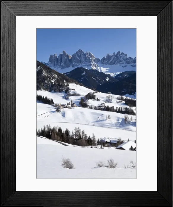 Framed Print : Winter landscape of St. Magdalena village and church, Geisler Spitzen, 3060m Framed Print : Winter landscape of St. Magdalena village and church, Geisler Spitzen, 3060m