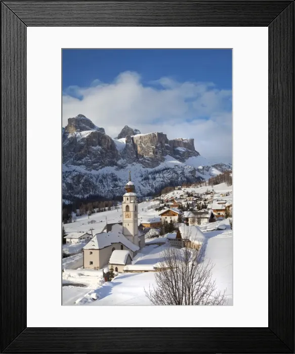 Framed Print : The church and village of Colfosco in Badia, 1645m, and Sella Massif range of mountains under winter snow, Dolomites, South Tirol, Trentino-Alto Adige Framed Print : The church and village of Colfosco in Badia, 1645m, and Sella Massif range of mountains under winter snow, Dolomites, South Tirol, Trentino-Alto Adige