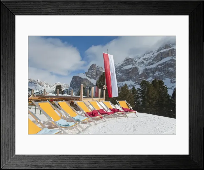 Framed Print : Colourful sun loungers outside a mountain restaurant, Sella Ronda ski area Framed Print : Colourful sun loungers outside a mountain restaurant, Sella Ronda ski area