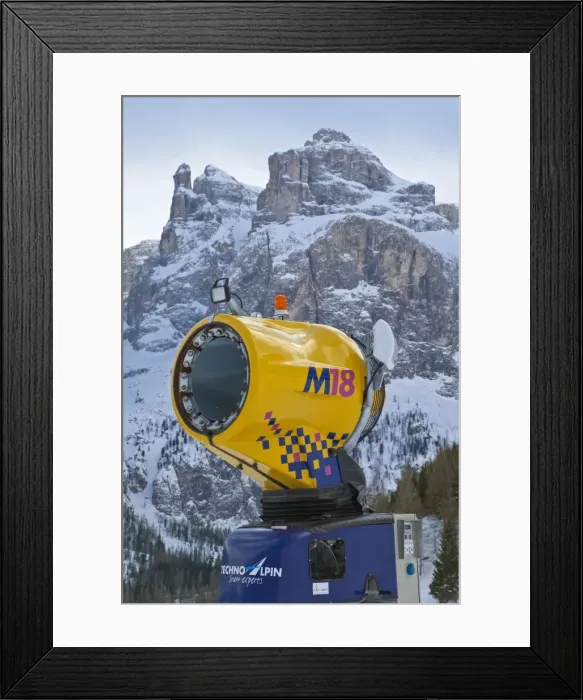 Framed Print : Snow cannon on the slopes of Colfosco village in the Sella Ronda ski area Framed Print : Snow cannon on the slopes of Colfosco village in the Sella Ronda ski area