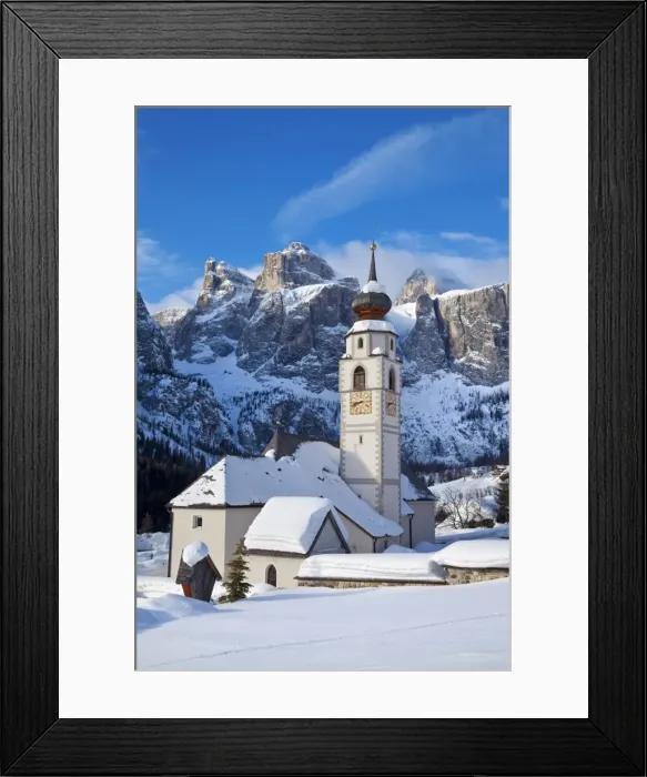 Framed Print : The church and village of Colfosco in Badia, 1645m, and Sella Massif range of mountains under winter snow, Dolomites, South Tirol, Trentino-Alto Adige Framed Print : The church and village of Colfosco in Badia, 1645m, and Sella Massif range of mountains under winter snow, Dolomites, South Tirol, Trentino-Alto Adige