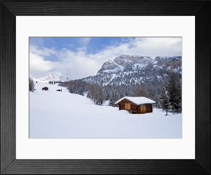 Framed Print : Mountain hut and landscape covered in winter snow, Val Gardena, Dolomites Framed Print : Mountain hut and landscape covered in winter snow, Val Gardena, Dolomites
