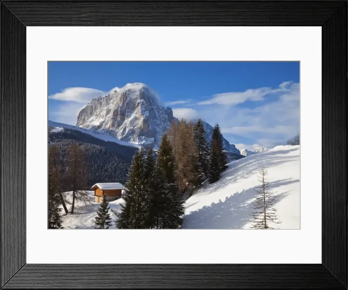 Framed Print : Winter snow covered mountain hut in front of Sassongher mountain, 2665m Framed Print : Winter snow covered mountain hut in front of Sassongher mountain, 2665m