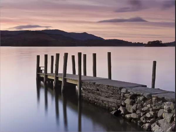 View along wooden jetty at Barrow Bay landing, Derwent Water, Lake District National Park