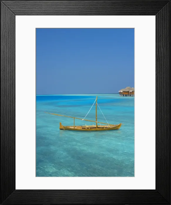 Framed Print : Taditional dhoni and water villas, Maldives, Indian Ocean, Asia Framed Print : Taditional dhoni and water villas, Maldives, Indian Ocean, Asia