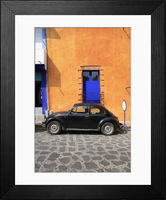Framed Print : Volkswagen Beetle parked on cobblestone street, Tepoztlan, near Mexico City where many city dwellers spend weekends, Morelos, Mexico Framed Print : Volkswagen Beetle parked on cobblestone street, Tepoztlan, near Mexico City where many city dwellers spend weekends, Morelos, Mexico