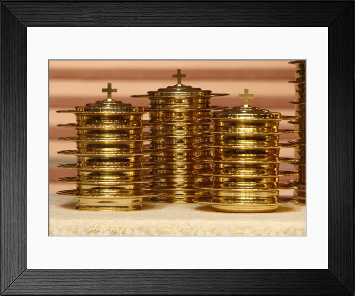 Framed Print : Communion plates for Sunday service at Words of Life fellowship church Framed Print : Communion plates for Sunday service at Words of Life fellowship church