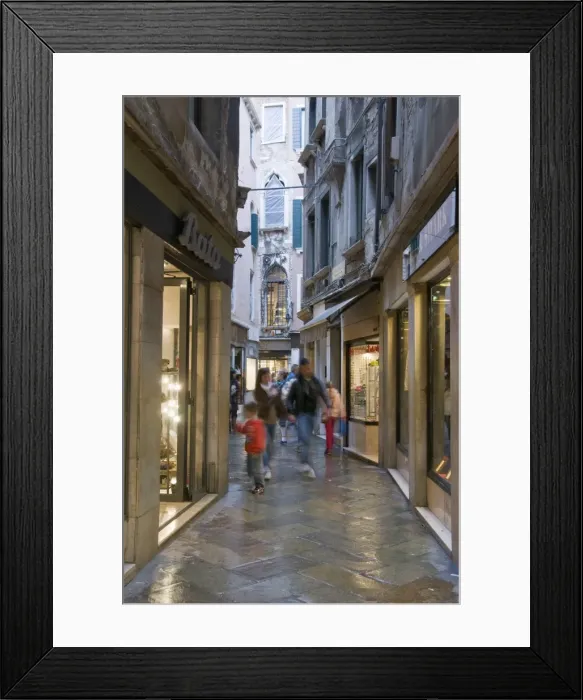 Framed Print : Illuminated window displays in small street, San Marco, Venice, Veneto, Italy, Europe