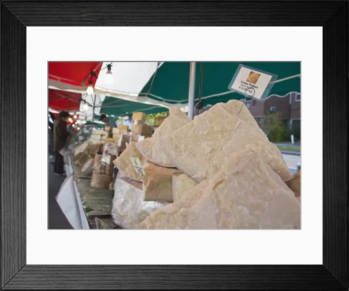Framed Print : Cheese stall at the Italian market at Walton-on-Thames, Surrey, England Framed Print : Cheese stall at the Italian market at Walton-on-Thames, Surrey, England