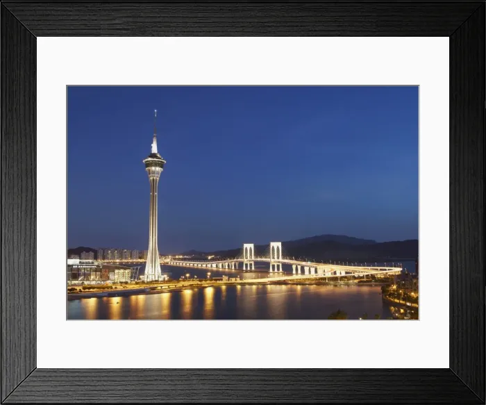 Framed Print : Macau Tower and Sai Van bridge at dusk, Macau, China, Asia Framed Print : Macau Tower and Sai Van bridge at dusk, Macau, China, Asia
