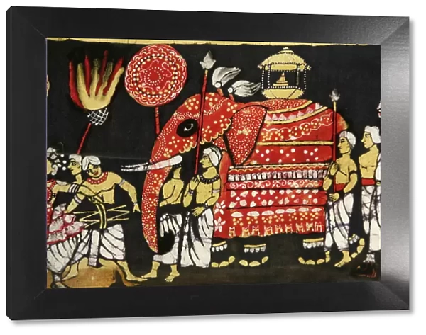Cloth print depicting the sacred Buddha tooth relic in the Perahera in Kandy