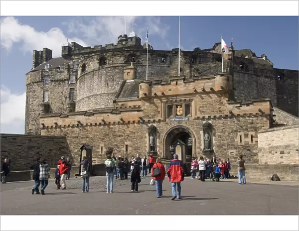 Visitors at the entrance to Edinburgh Castle, Edinburgh, Lothian, Scotland