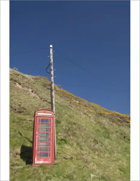 Isolated telephone box, Crovie, Highlands, Scotland, United Kingdom, Europe