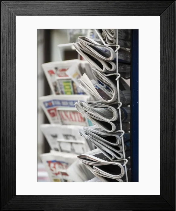 Framed Print : A collection of international newspapers on sale in Fleet Street, London Framed Print : A collection of international newspapers on sale in Fleet Street, London