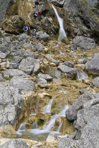 Climbing up the waterfalls at Goredale Scar at Malham Cove, Malhamdale