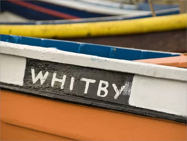 Close up of a colourful fishing boat in Whitby, Yorkshire, England, United Kingdom