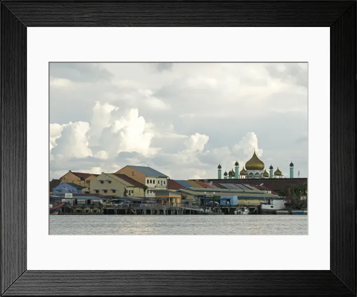 Framed Print : Kuching old quarter skyline with Jalan Masjid minarets, from the Kuching River Framed Print : Kuching old quarter skyline with Jalan Masjid minarets, from the Kuching River