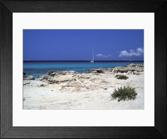 Framed Print : Rocks and sailing boat, Formentera, Balearic Islands, Spain, Mediterranean, Europe Framed Print : Rocks and sailing boat, Formentera, Balearic Islands, Spain, Mediterranean, Europe