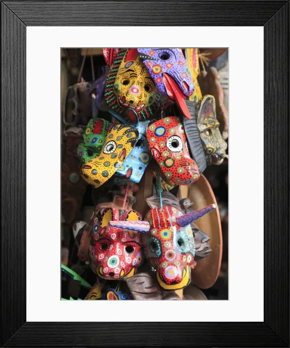 Framed Print : Masks, Handicraft Market, Antigua, Guatemala, Central America Framed Print : Masks, Handicraft Market, Antigua, Guatemala, Central America
