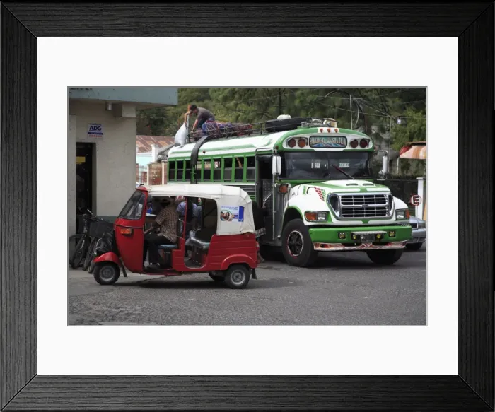 Framed Print : Auto rickshaw and public bus, Panajachel, Lake Atitlan, Guatemala, Central America Framed Print : Auto rickshaw and public bus, Panajachel, Lake Atitlan, Guatemala, Central America