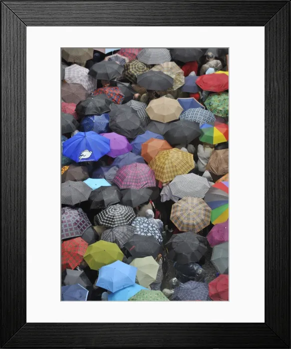 Framed Print : Pilgrims waiting in the rain for Pope Benedict XVI at Lourdes, Hautes Pyrenees Framed Print : Pilgrims waiting in the rain for Pope Benedict XVI at Lourdes, Hautes Pyrenees