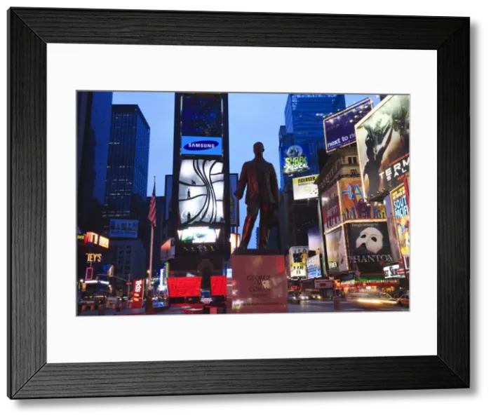 Framed Print : Statue of George M. Cohan, composer of Give My Regards to Broadway, Times Square at dusk