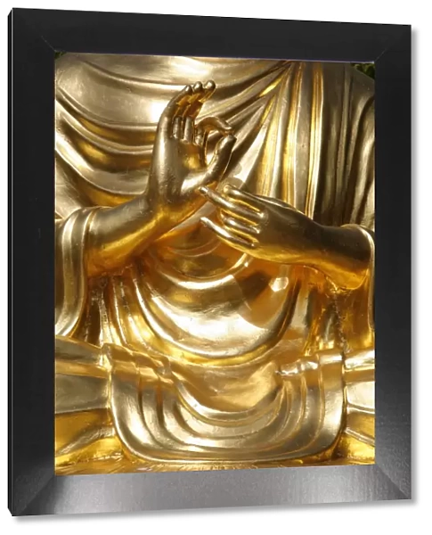 Detail of the teaching mudra on the sitting Buddha statue, Sainte-Foy-Les-Lyon