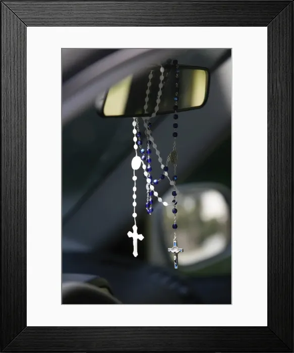 Framed Print : Rosaries in a car, Chatillon-sur-Chalaronne, Ain, France, Europe Framed Print : Rosaries in a car, Chatillon-sur-Chalaronne, Ain, France, Europe