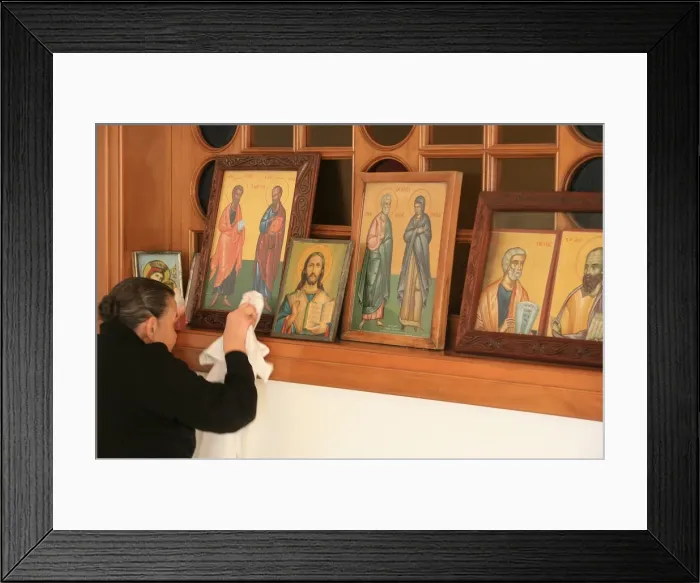 Framed Print : Greek Orthodox woman cleaning icons, Thessaloniki, Macedonia, Greece, Europe Framed Print : Greek Orthodox woman cleaning icons, Thessaloniki, Macedonia, Greece, Europe