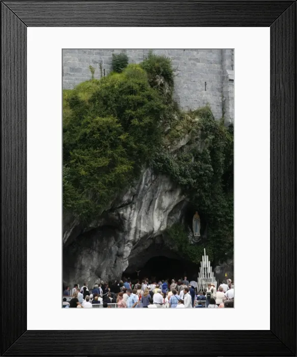 Framed Print : Pilgrims outside the Lourdes grotto, Lourdes, Hautes Pyrenees, France, Europe