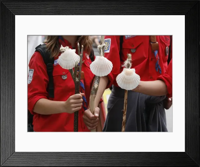 Framed Print : Scouts with Santiago pilgrimage scallop shells, Lourdes, Hautes Pyrenees, France, Europe