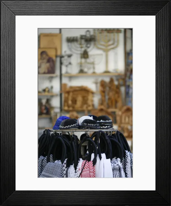 Framed Print : Keffiyah scarves and kippas, Nazareth, Galilee, Israel, Middle East Framed Print : Keffiyah scarves and kippas, Nazareth, Galilee, Israel, Middle East