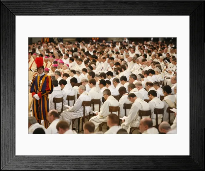 Framed Print : Swiss guard and priests at St. Peters Basilica, Vatican, Rome, Lazio, Italy, Europe