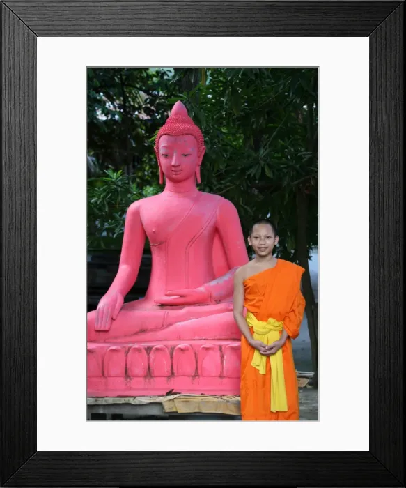 Framed Print : Pink Buddha and young monk at Wat Sene temple, Luang Prabang, Laos, Indochina Framed Print : Pink Buddha and young monk at Wat Sene temple, Luang Prabang, Laos, Indochina