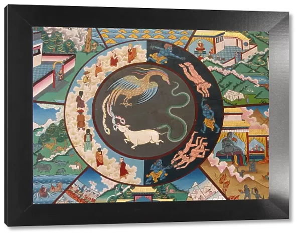 Wheel of life (wheel of Samsara) showing rooster, snake and pig, Kopan monastery