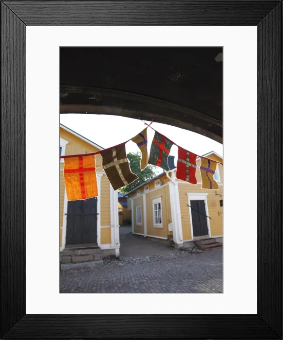 Framed Print : Decorative flags and medieval wooden houses, Porvoo, Uusimaa, Finland, Scandinavia Framed Print : Decorative flags and medieval wooden houses, Porvoo, Uusimaa, Finland, Scandinavia