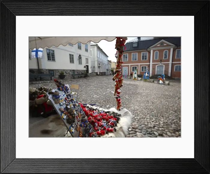 Framed Print : Local handicrafts stall and medieval Town Hall, Old Town Square, Porvoo Framed Print : Local handicrafts stall and medieval Town Hall, Old Town Square, Porvoo