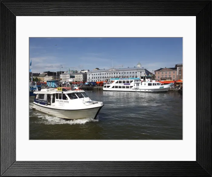 Framed Print : Water taxi and harbour cruise ferry, with City Hall and market place, South Harbour Esplanade