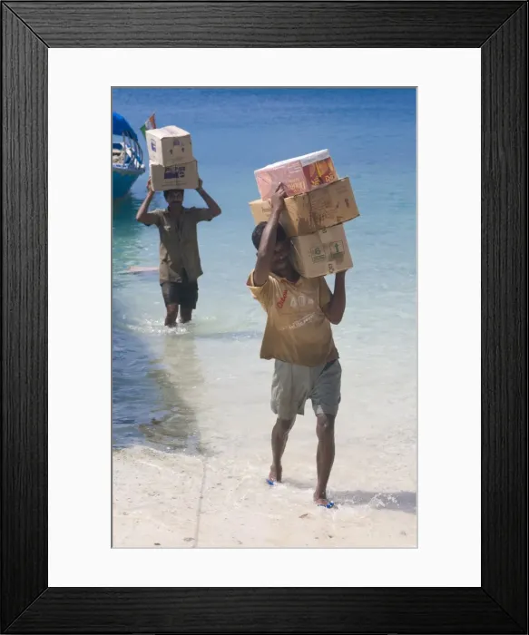 Framed Print : Carriers carrying huge boxes out from a boat, Havelock Island, Andaman Islands Framed Print : Carriers carrying huge boxes out from a boat, Havelock Island, Andaman Islands
