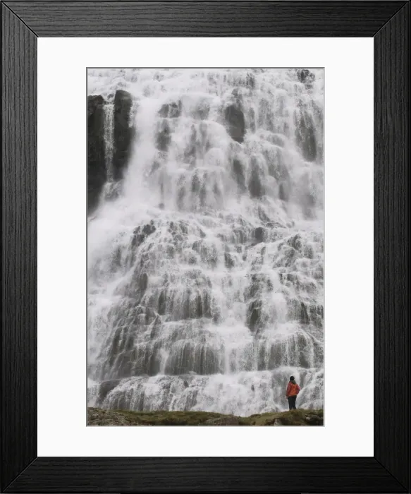 Framed Print : Tourist admiring the dramatic waterfalls of Dynjandi, Iceland, Polar Regions Framed Print : Tourist admiring the dramatic waterfalls of Dynjandi, Iceland, Polar Regions