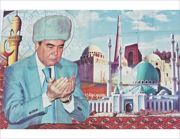 Propaganda poster of Turkmenbashi the former leader of Turkmenistan, Central Asia, Asia