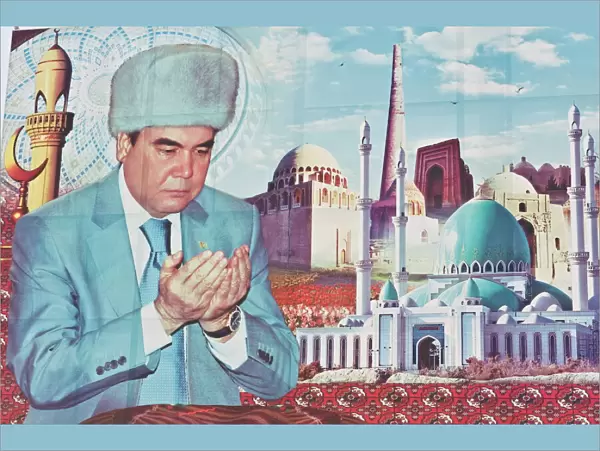 Propaganda poster of Turkmenbashi the former leader of Turkmenistan, Central Asia, Asia