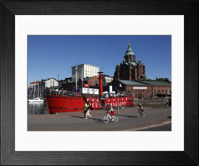 Framed Print : Red boat and restaurant at North Harbour, with Uspenski Cathedral in the background Framed Print : Red boat and restaurant at North Harbour, with Uspenski Cathedral in the background