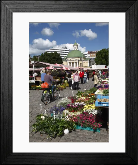 Framed Print : Stalls in Kauppatori Square (Market Square) and Orthodox church behind Framed Print : Stalls in Kauppatori Square (Market Square) and Orthodox church behind