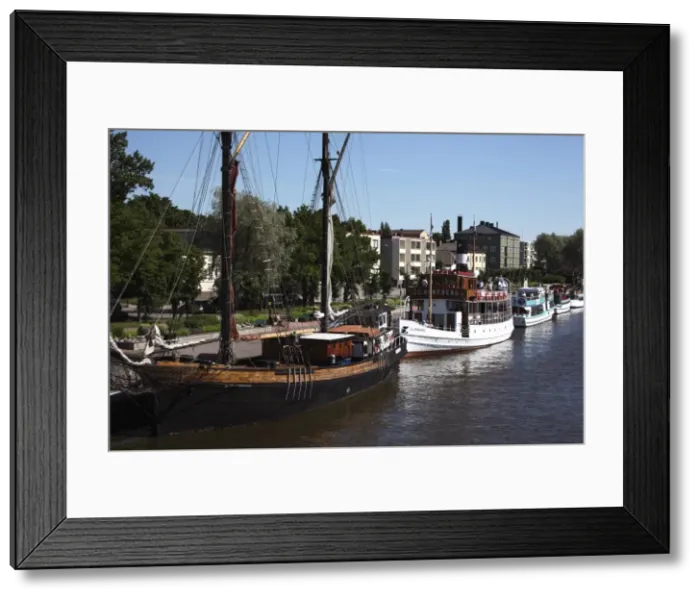 Framed Print : Historic ships moored on riverside, Porvoo, Porvoonjoki River, Uusimaa