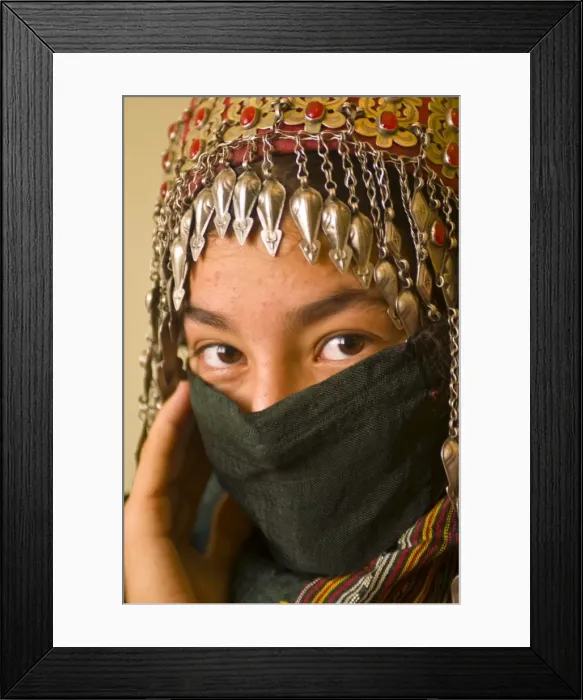 Framed Print : Traditionally dressed young girl behind a veil, Ashgabad, Turkmenistan Framed Print : Traditionally dressed young girl behind a veil, Ashgabad, Turkmenistan