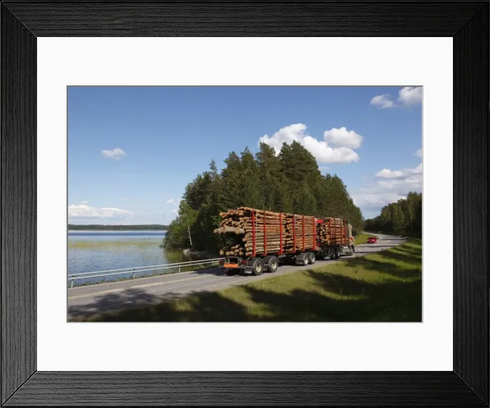 Framed Print : Truck transporting timber, Highway number 14, beside Lake Puruvesi, Punkaharju Nature Reserve Framed Print : Truck transporting timber, Highway number 14, beside Lake Puruvesi, Punkaharju Nature Reserve
