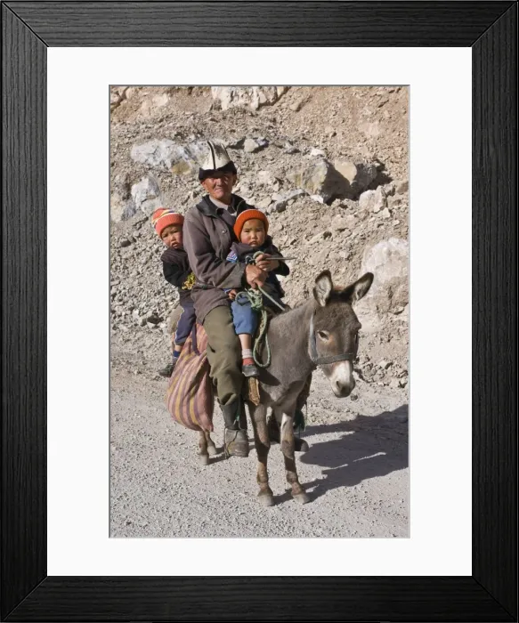 Framed Print : Old Kyrgyz man riding with twins on a donkey, Gulcha, Kyrgyzstan, Central Asia, Asia Framed Print : Old Kyrgyz man riding with twins on a donkey, Gulcha, Kyrgyzstan, Central Asia, Asia